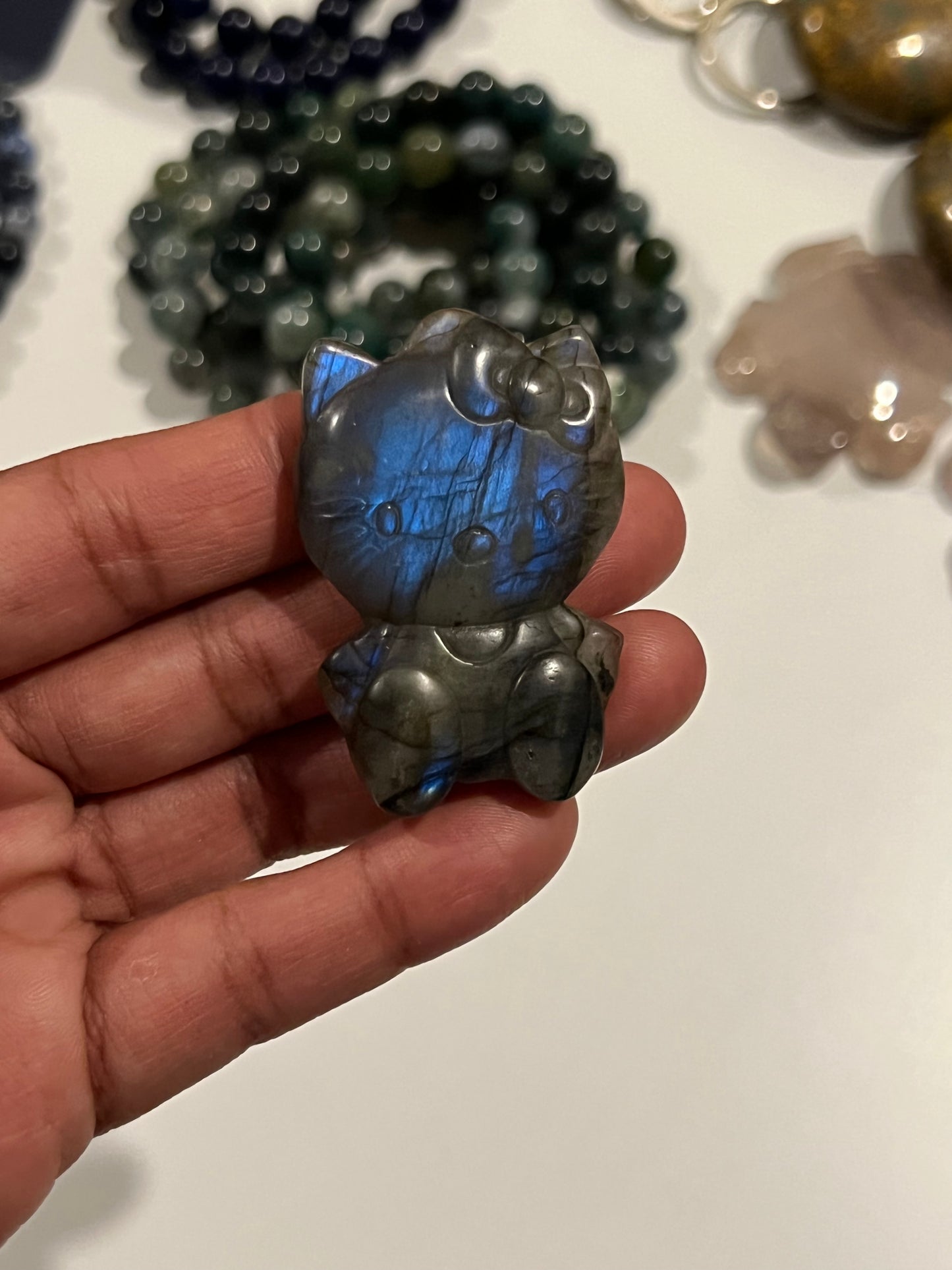 Medium Labradorite Blue Flash Hello Kitty Carving