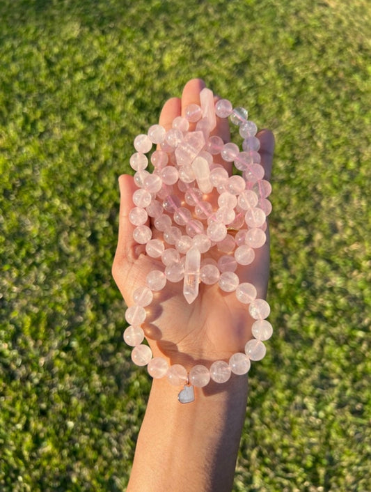 Translucent Rose Quartz 10mm Elastic Bracelets With Double Terminated Point