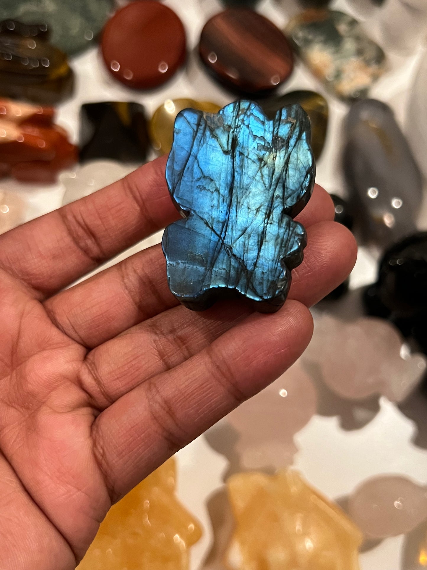Medium Labradorite Blue Flash Hello Kitty Carving