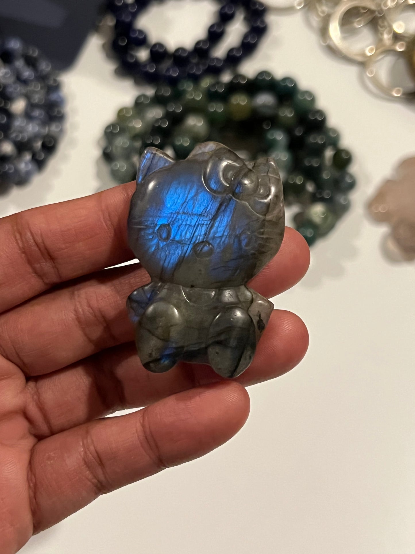 Medium Labradorite Blue Flash Hello Kitty Carving