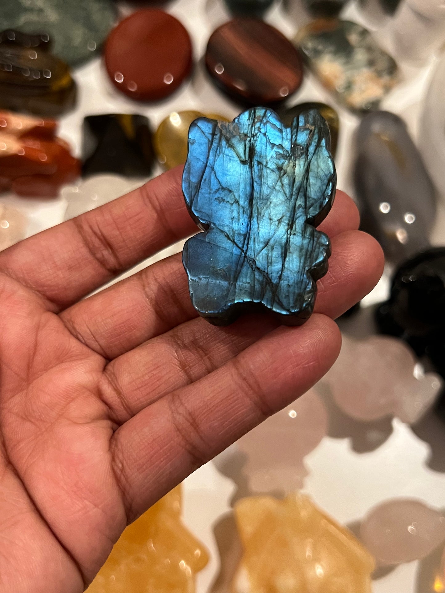Medium Labradorite Blue Flash Hello Kitty Carving
