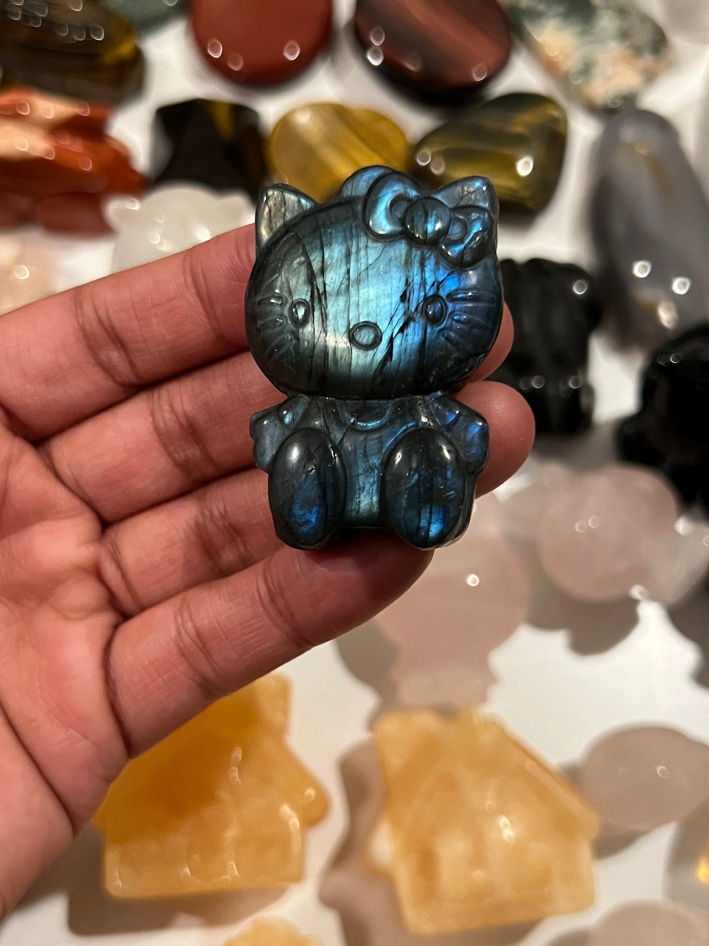 Medium Labradorite Blue Flash Hello Kitty Carving