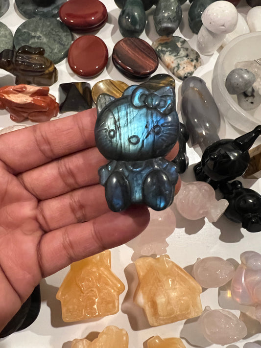Medium Labradorite Blue Flash Hello Kitty Carving