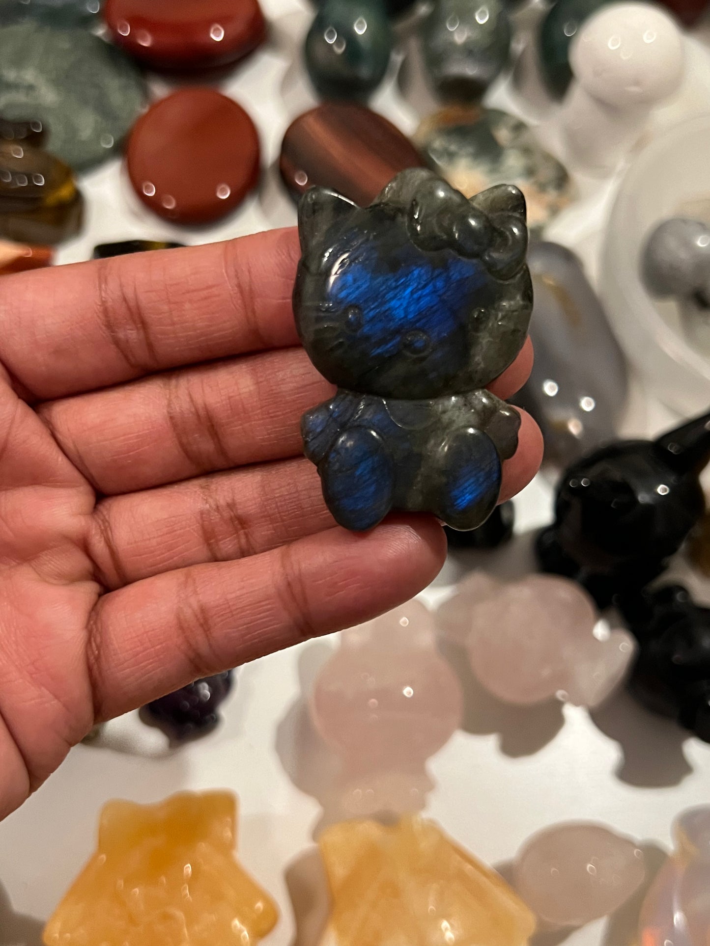 Medium Labradorite Blue Flash Hello Kitty Carving #3